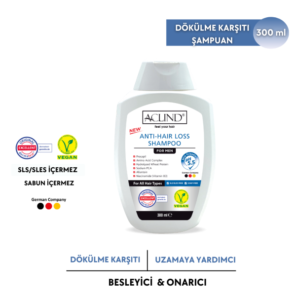 Aclind Hair Loss Shampoo For Men /  Erkekler İçin Dökülme Karşıtı Saç Bakım Şampuanı 300 ml