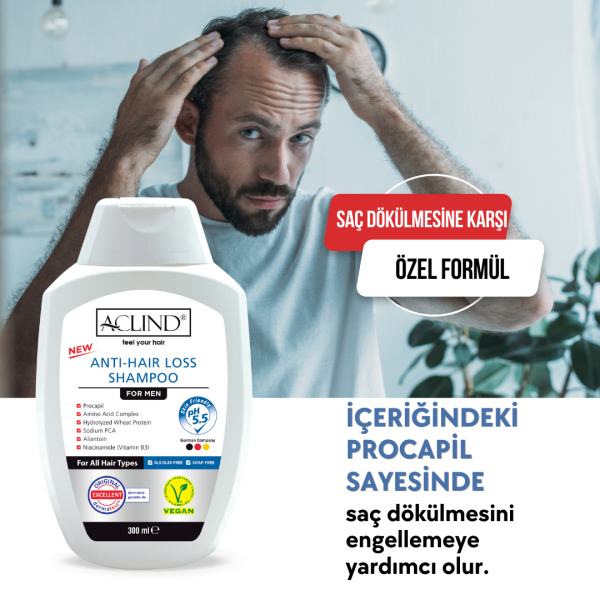 Aclind Hair Loss Shampoo For Men /  Erkekler İçin Dökülme Karşıtı Saç Bakım Şampuanı 300 ml