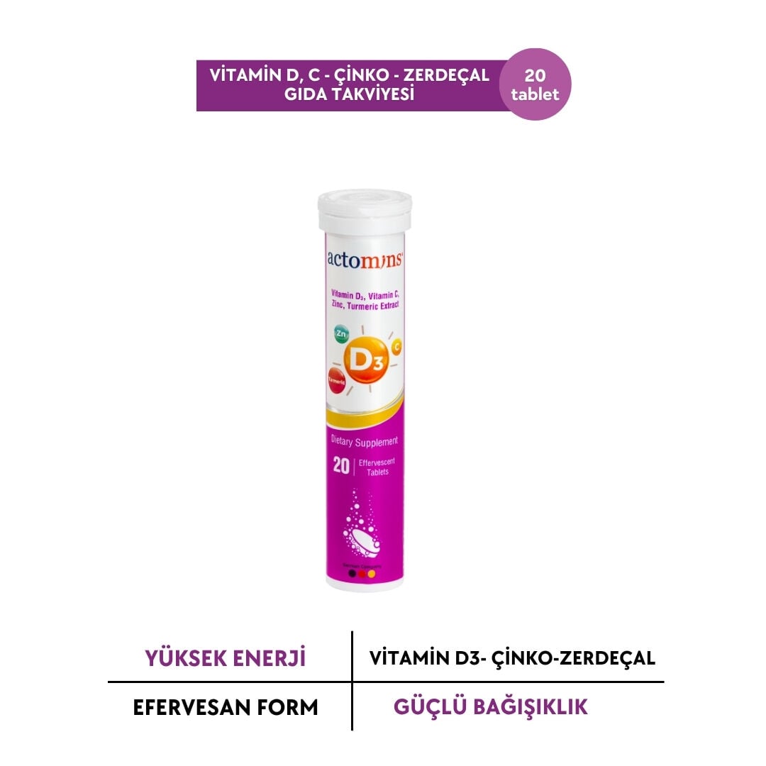 ACTOMINS® Vitamin D3, Vitamin C, Çinko, Zerdeçal Ekstresi 20 Tablet