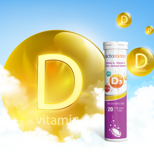 ACTOMINS® Vitamin D3, Vitamin C, Çinko, Zerdeçal Ekstresi 20 Tablet