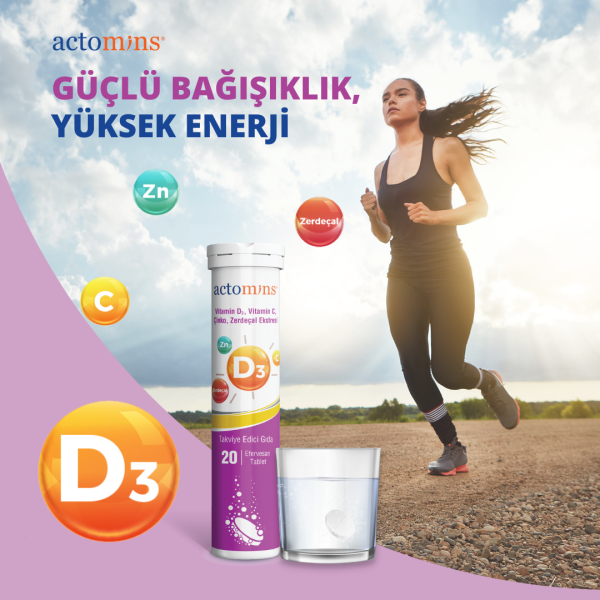 ACTOMINS® Vitamin D3, Vitamin C, Çinko, Zerdeçal Ekstresi 20 Tablet