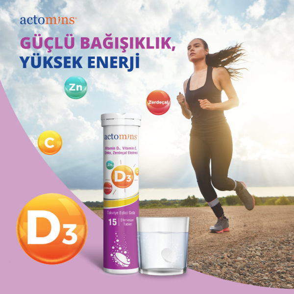 ACTOMINS® Vitamin D3, Vitamin C, Çinko, Zerdeçal Ekstresi 15 Tablet