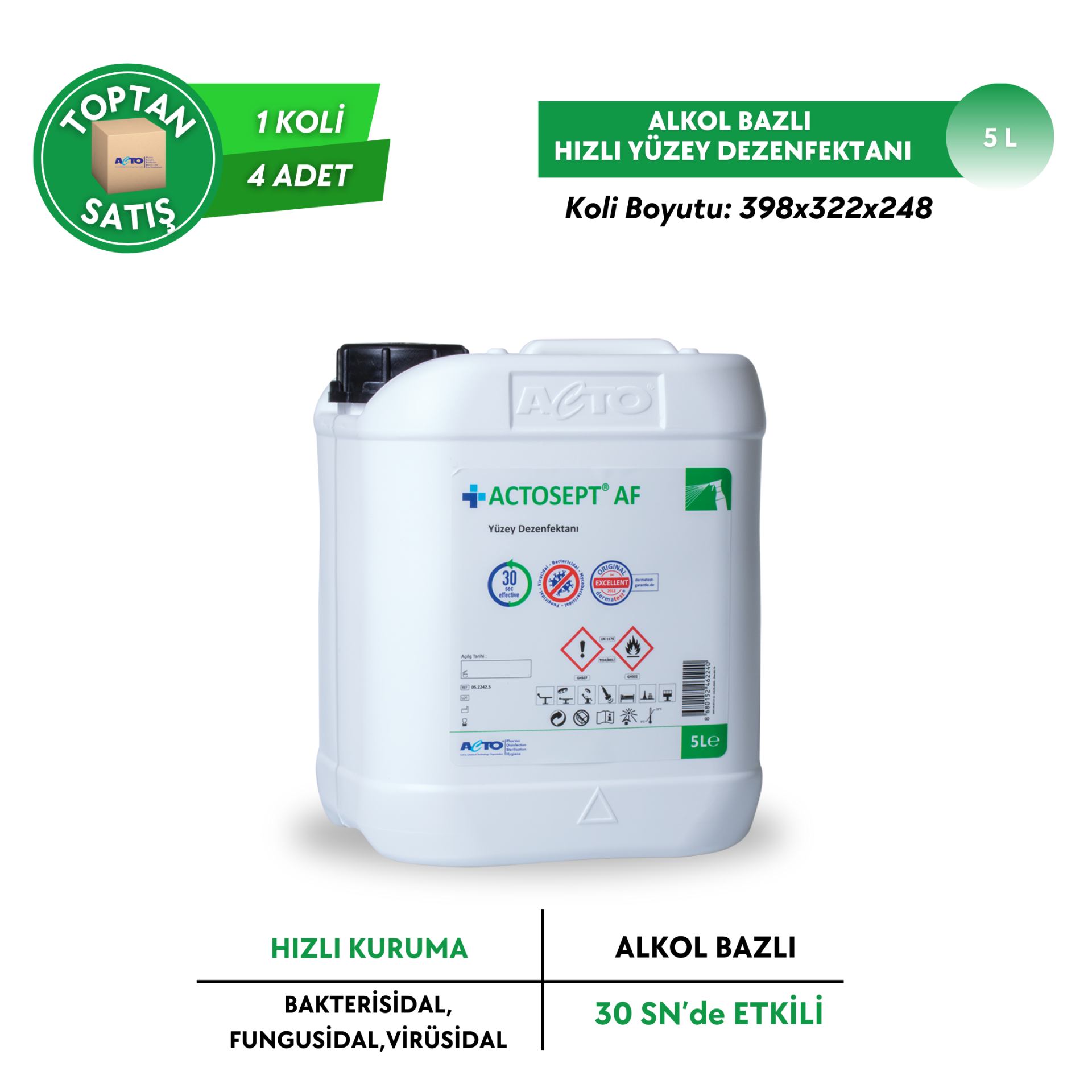 ACTOSEPT® AF (Alkollü Hızlı Yüzey Dezenfektanı - 30 Saniyede Etkili) Toptan Satış 5 Lt