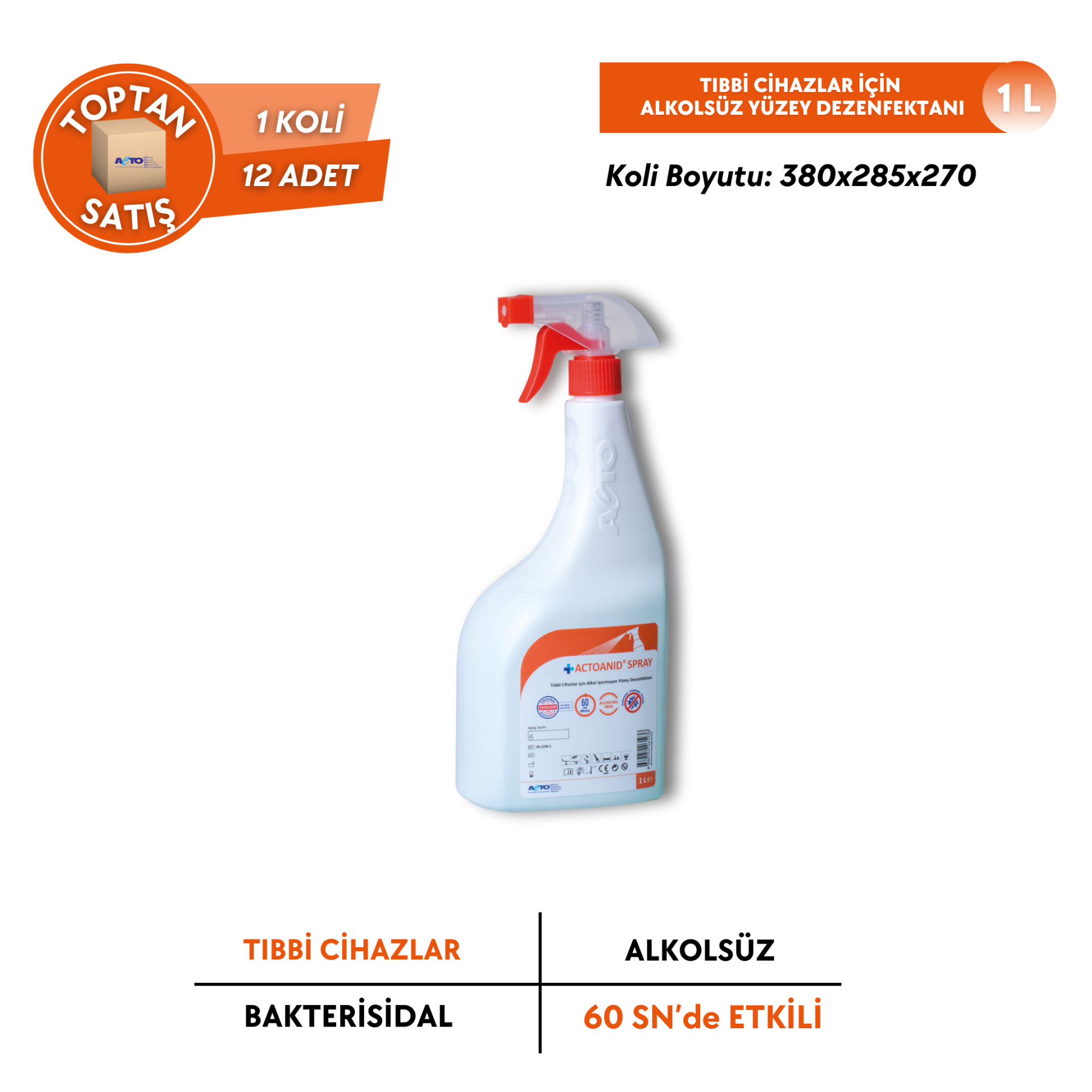 ACTOANID® SPRAY Tıbbi Cihazlar için Alkolsüz Yüzey Dezenfektanı - Toptan Satış 1 Litre
