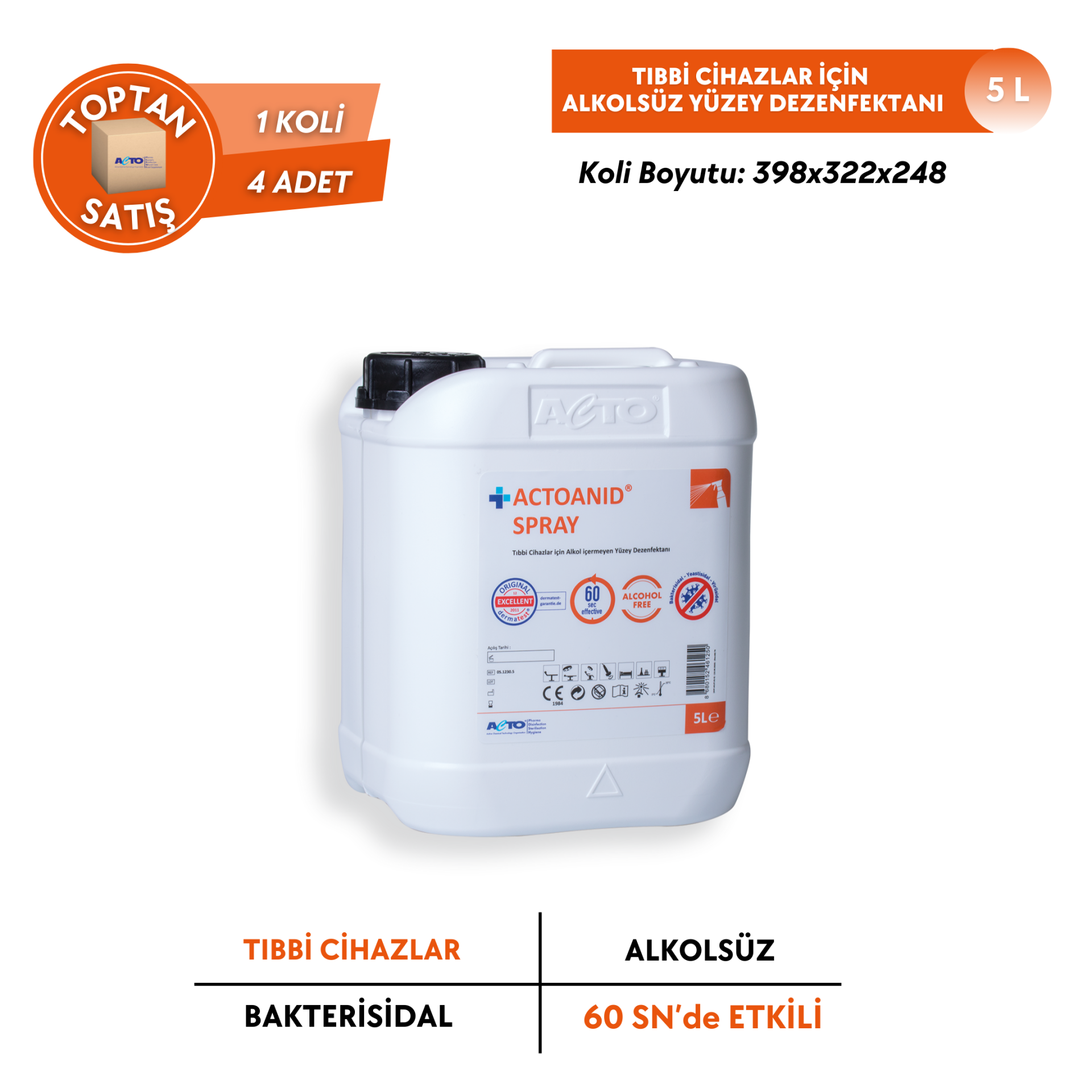 ACTOANID® SPRAY Tıbbi Cihazlar için Alkolsüz Yüzey Dezenfektanı - Toptan Satış 5 Lt