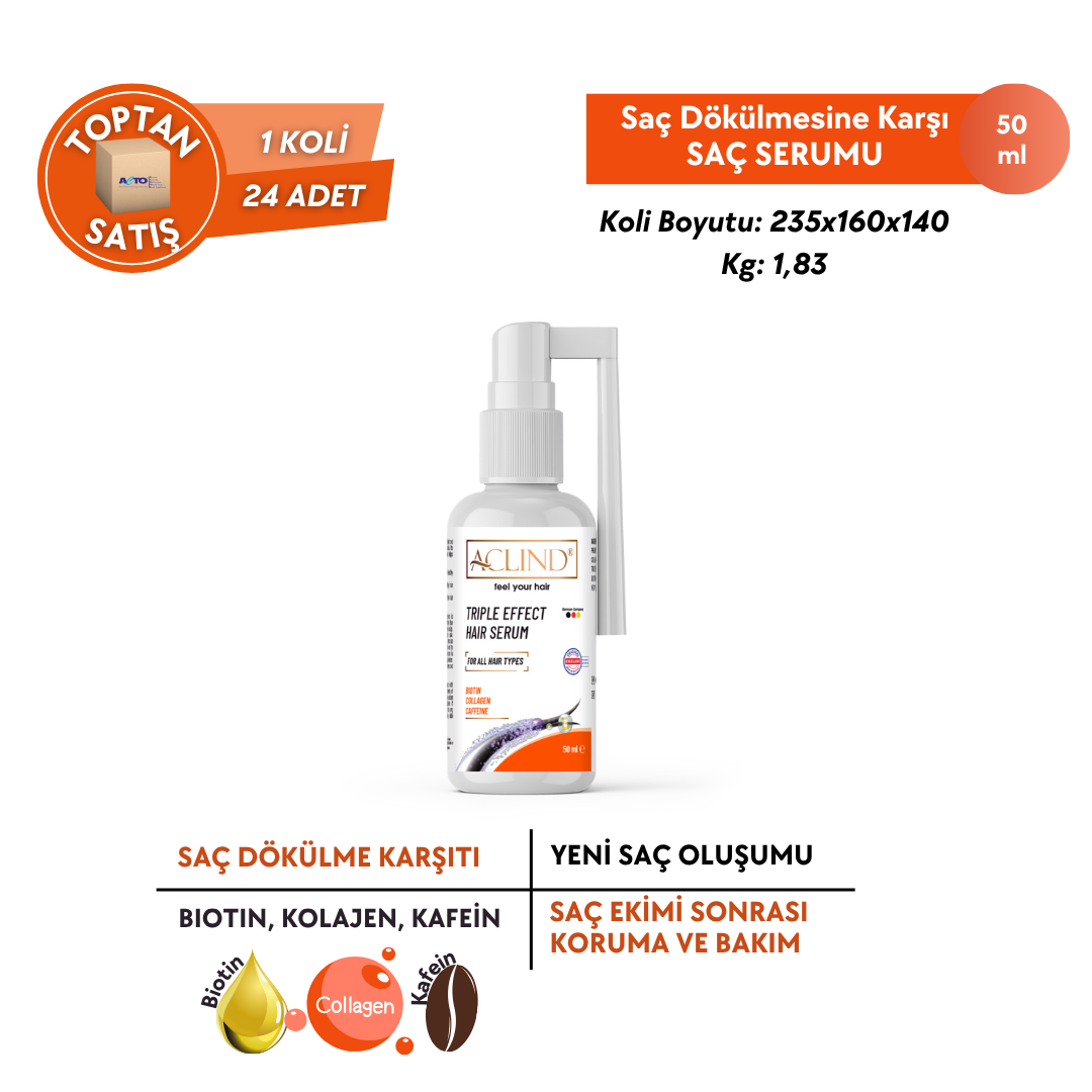 Aclind Tripple Effect Serum / Saç Dökülmesine Karşı Serum• BIOTIN • COLLAGEN • CAFFEINE - Toptan Satış