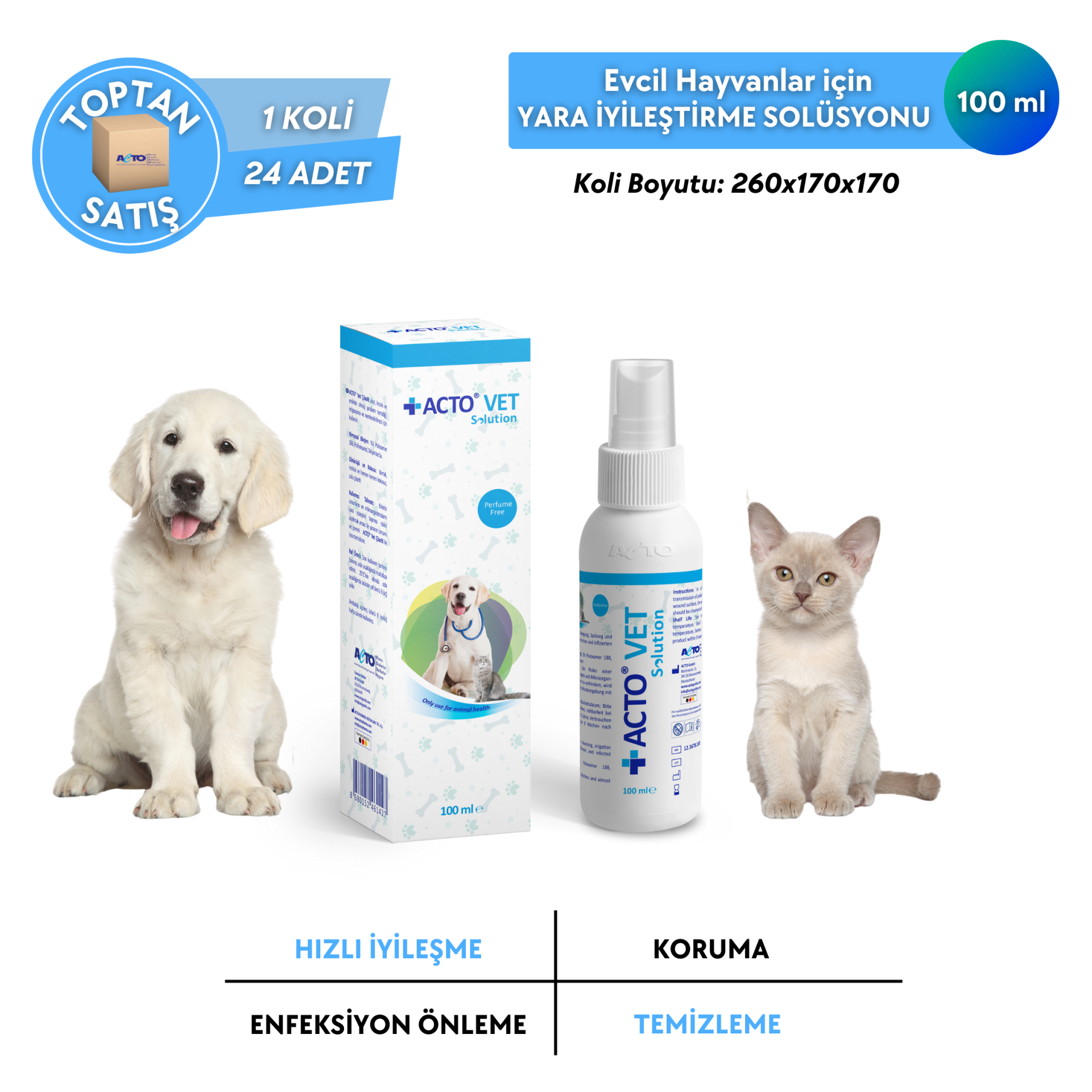 ACTO® VET SOLUTION Kedi-Köpek için Yara Bakım Solüsyonu - Toptan Satış 100 ml