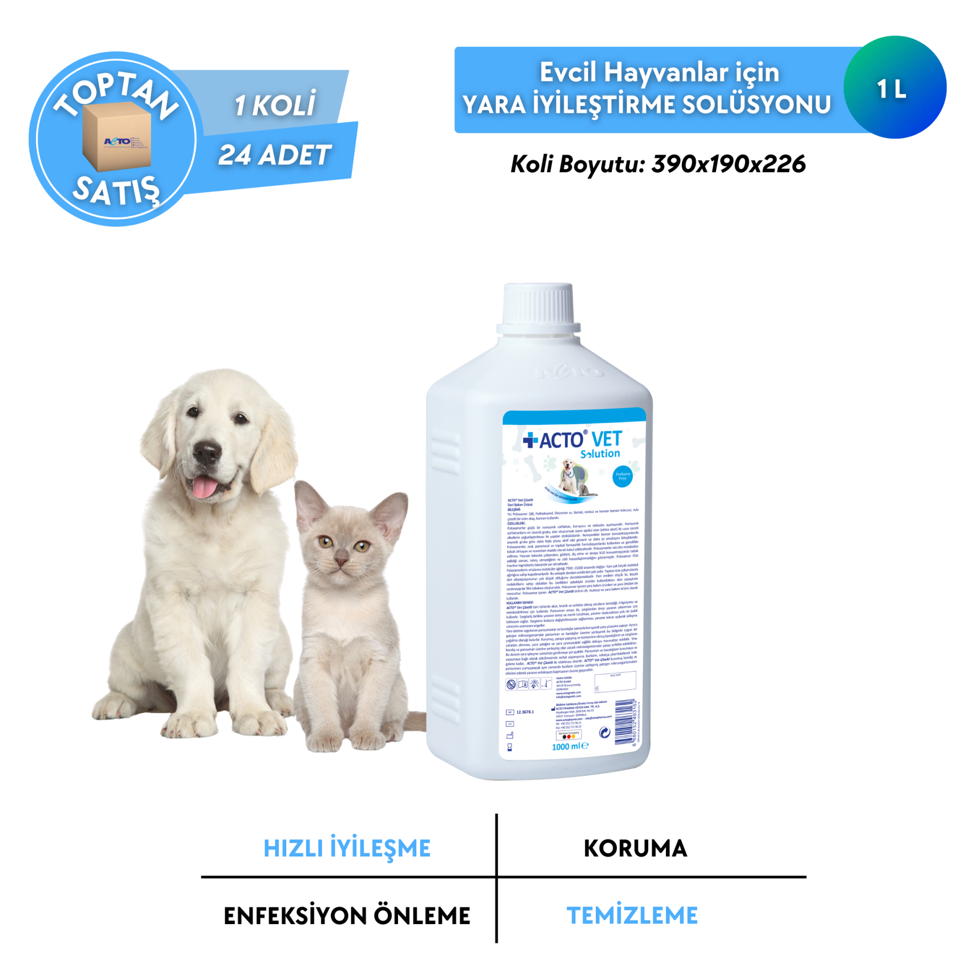 ACTO® VET SOLUTION Kedi-Köpek için Yara Bakım Solüsyonu - Toptan Satış 1 Litre