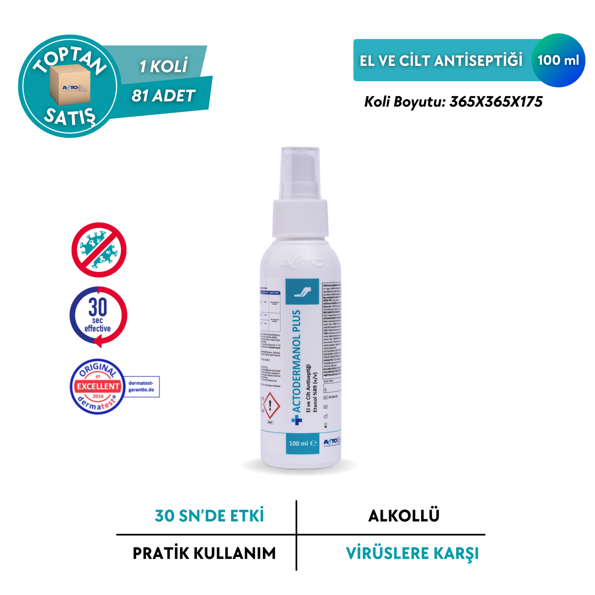 ACTODERMANOL® PLUS (El ve Cilt Antiseptiği %89 (v/v) Etanol) - Toptan Satış 100 ml