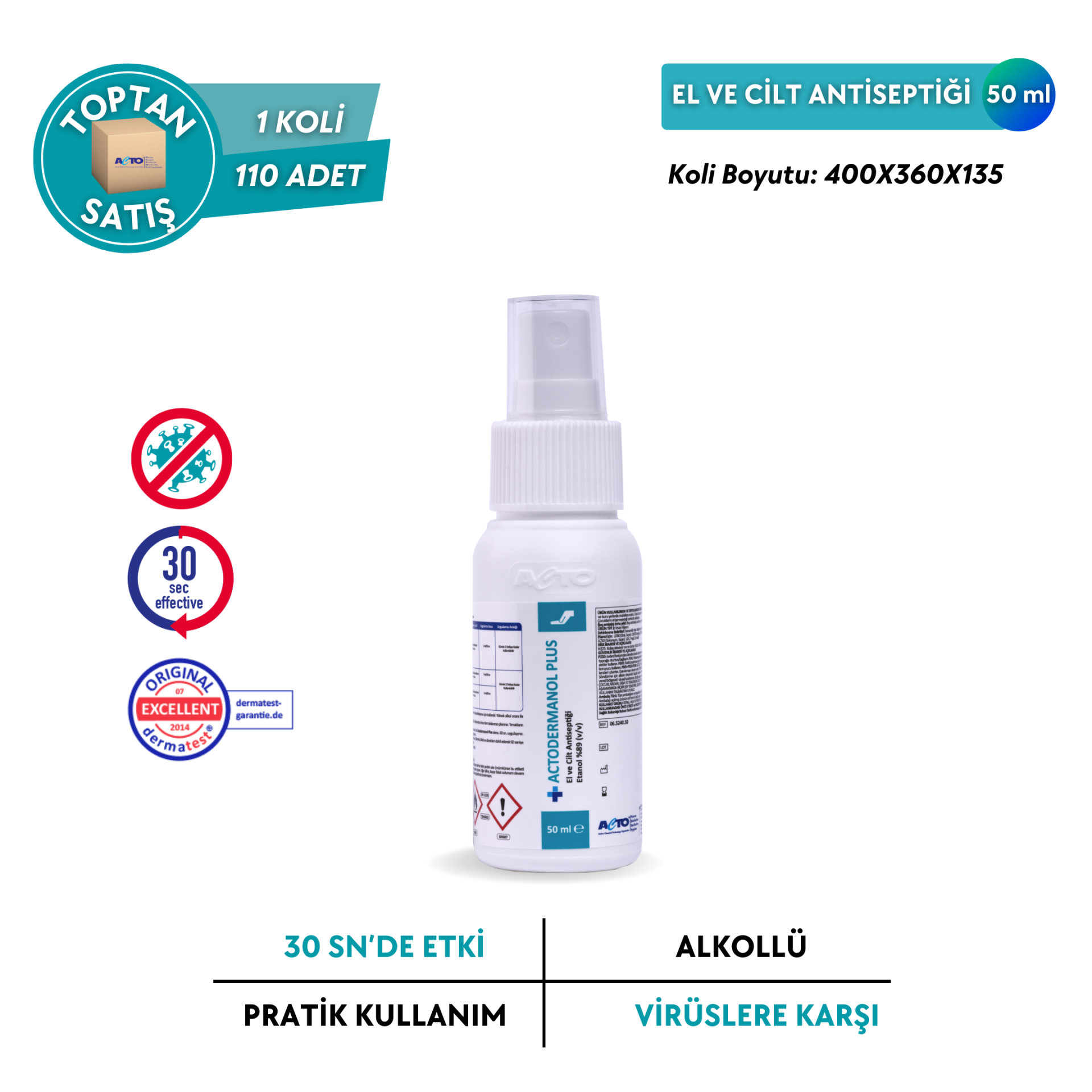 ACTODERMANOL® PLUS (El ve Cilt Antiseptiği %89 (v/v) Etanol) - Toptan Satış 50 ml