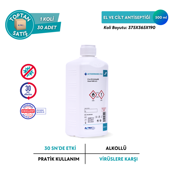 ACTODERMANOL® PLUS (El ve Cilt Antiseptiği %89 (v/v) Etanol) - Toptan Satış 500 ml