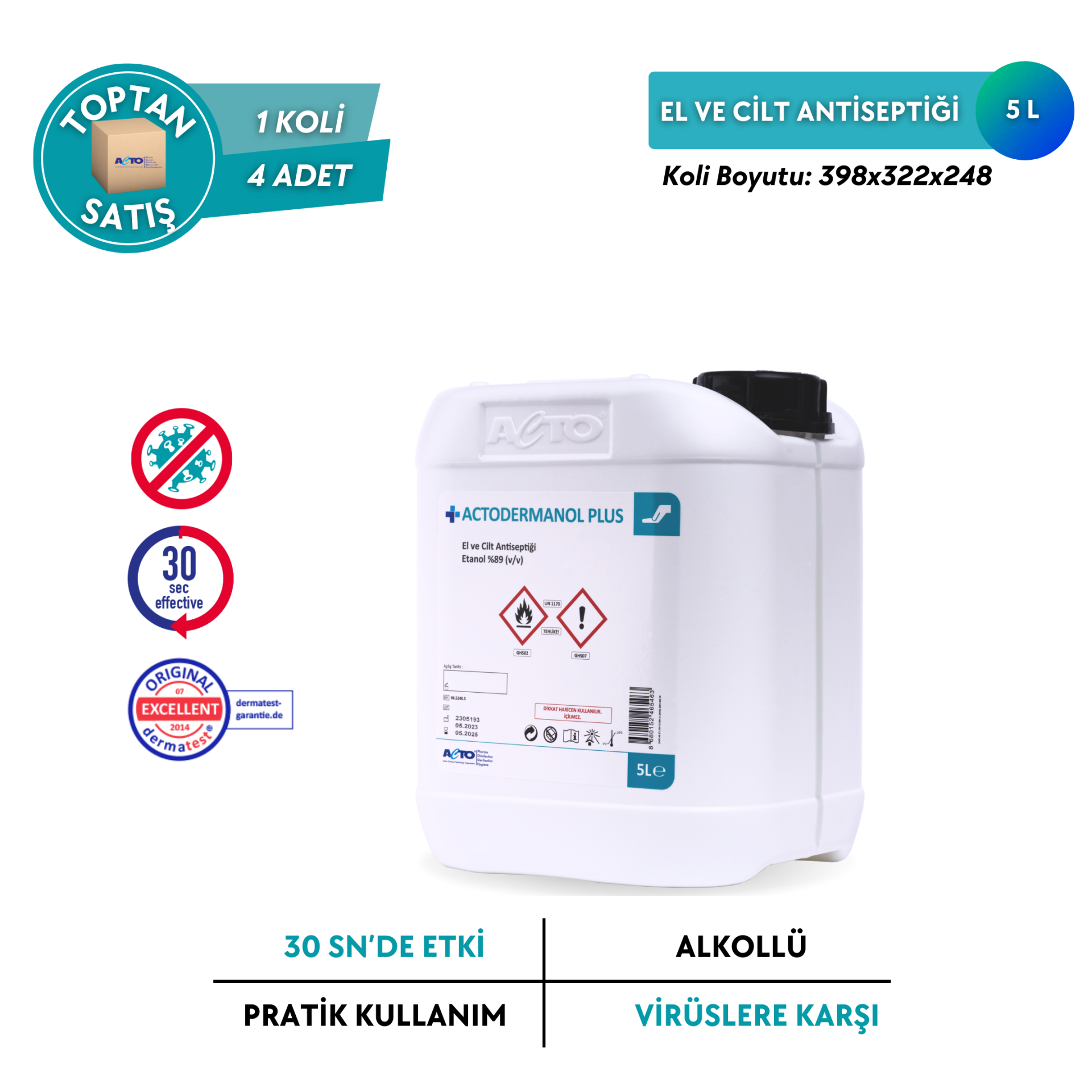 ACTODERMANOL® PLUS (El ve Cilt Antiseptiği %89 (v/v) Etanol) - Toptan Satış 5 Lt