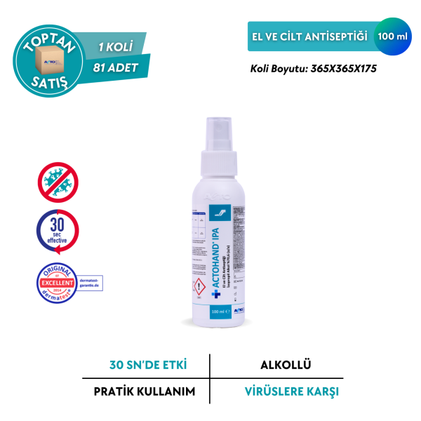ACTOHAND® IPA El ve Cilt Antiseptiği - İzopropil Alkol 75 % (v/v) = (70,6 g) - Toptan Satış 100 ml