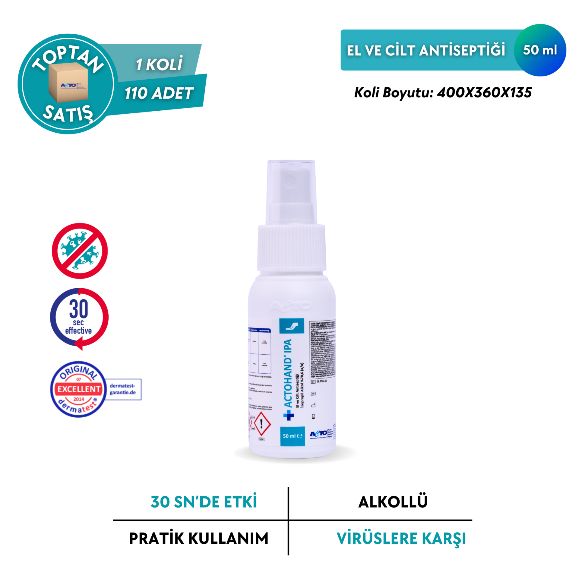 ACTOHAND® IPA El ve Cilt Antiseptiği - İzopropil Alkol 75 % (v/v) = (70,6 g) - Toptan Satış 50 ml