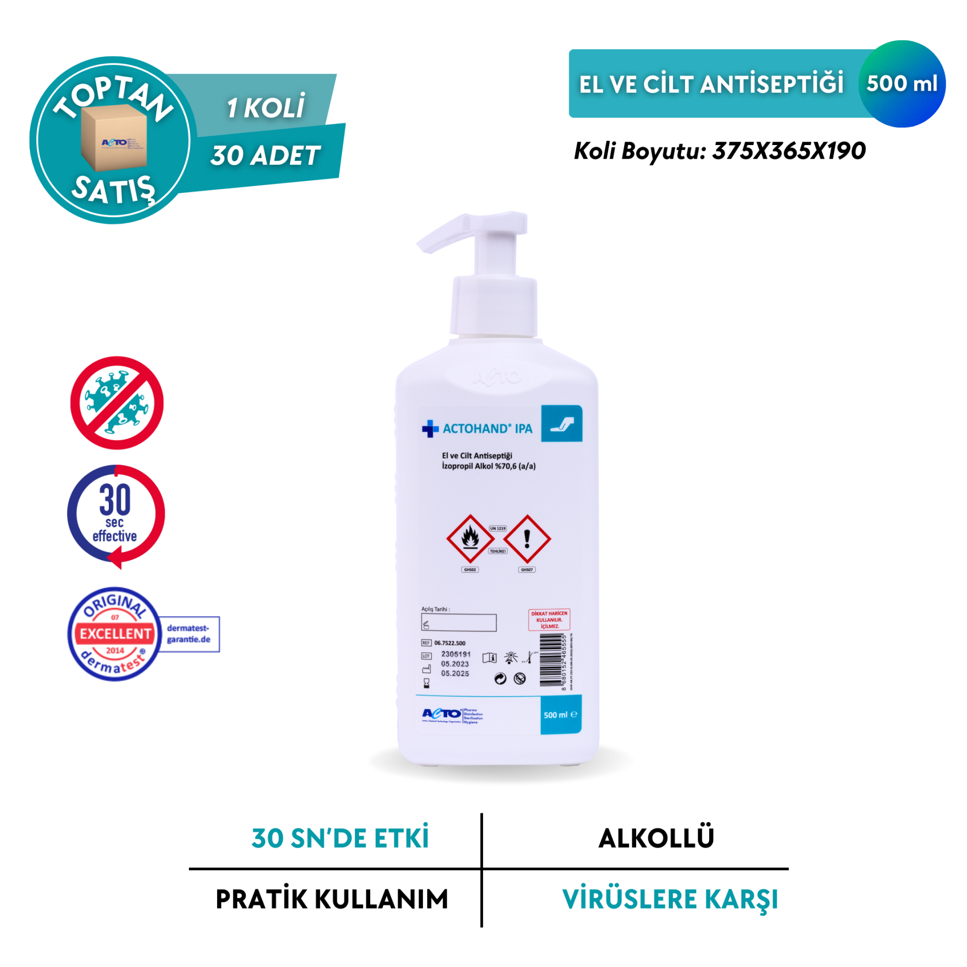 ACTOHAND® IPA El ve Cilt Antiseptiği - İzopropil Alkol 75 % (v/v) = (70,6 g) - Toptan Satış 500 ml