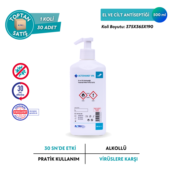 ACTOHAND® IPA El ve Cilt Antiseptiği - İzopropil Alkol 75 % (v/v) = (70,6 g) - Toptan Satış 500 ml