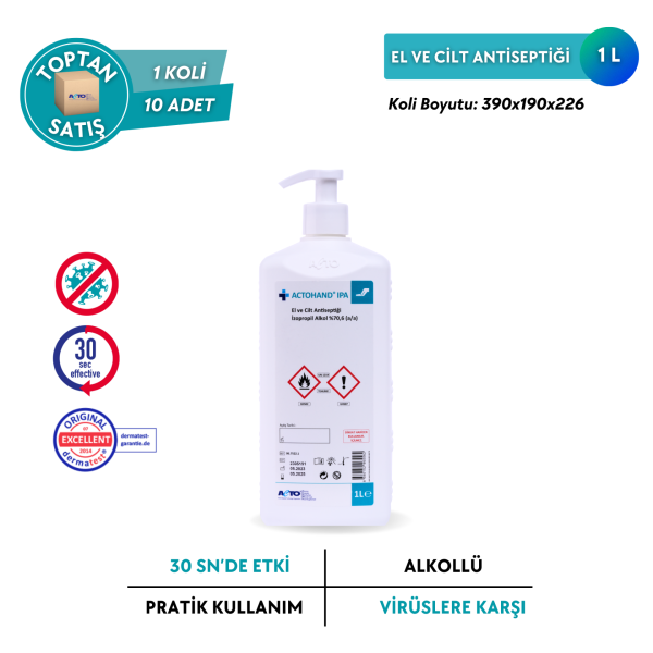 ACTOHAND® IPA El ve Cilt Antiseptiği - İzopropil Alkol 75 % (v/v) = (70,6 g) - Toptan Satış 1 Litre