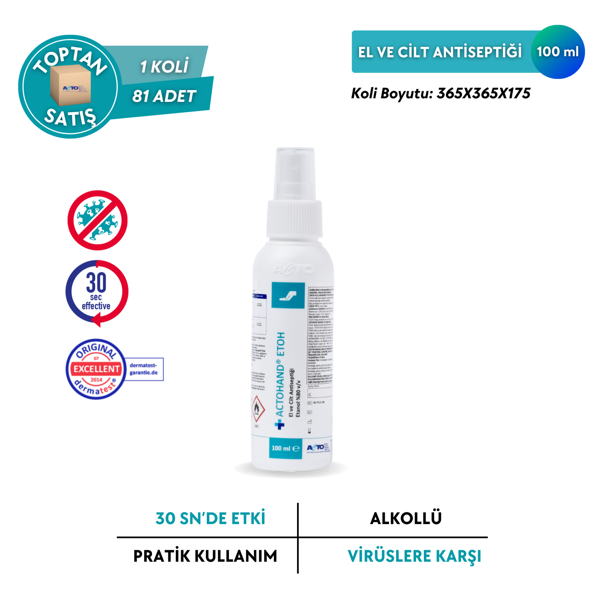 ACTOHAND® ETOH  (﻿El ve Cilt Antiseptiği - Etanol 80 % (v/v) - Toptan Satış 100 ml