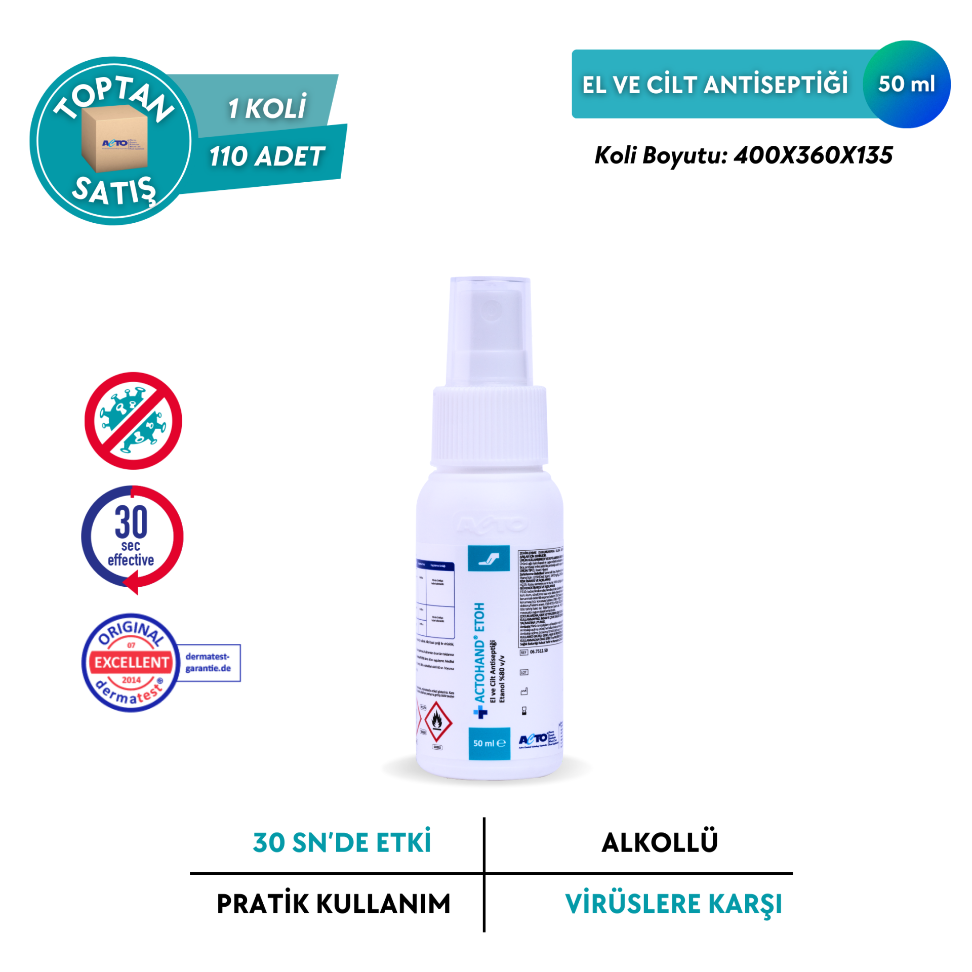 ACTOHAND® ETOH  (﻿El ve Cilt Antiseptiği - Etanol 80 % (v/v) - Toptan Satış 50 ml