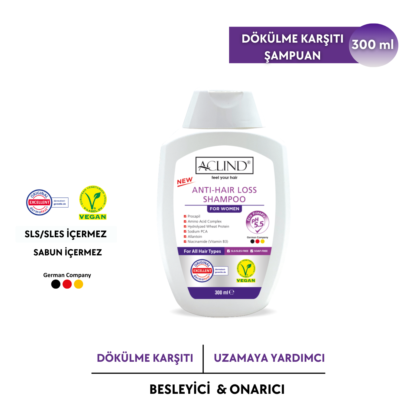 Aclind Hair Loss Shampoo For Women /  Kadınlar İçin Dökülme Karşıtı Saç Bakım Şampuanı 300 ml