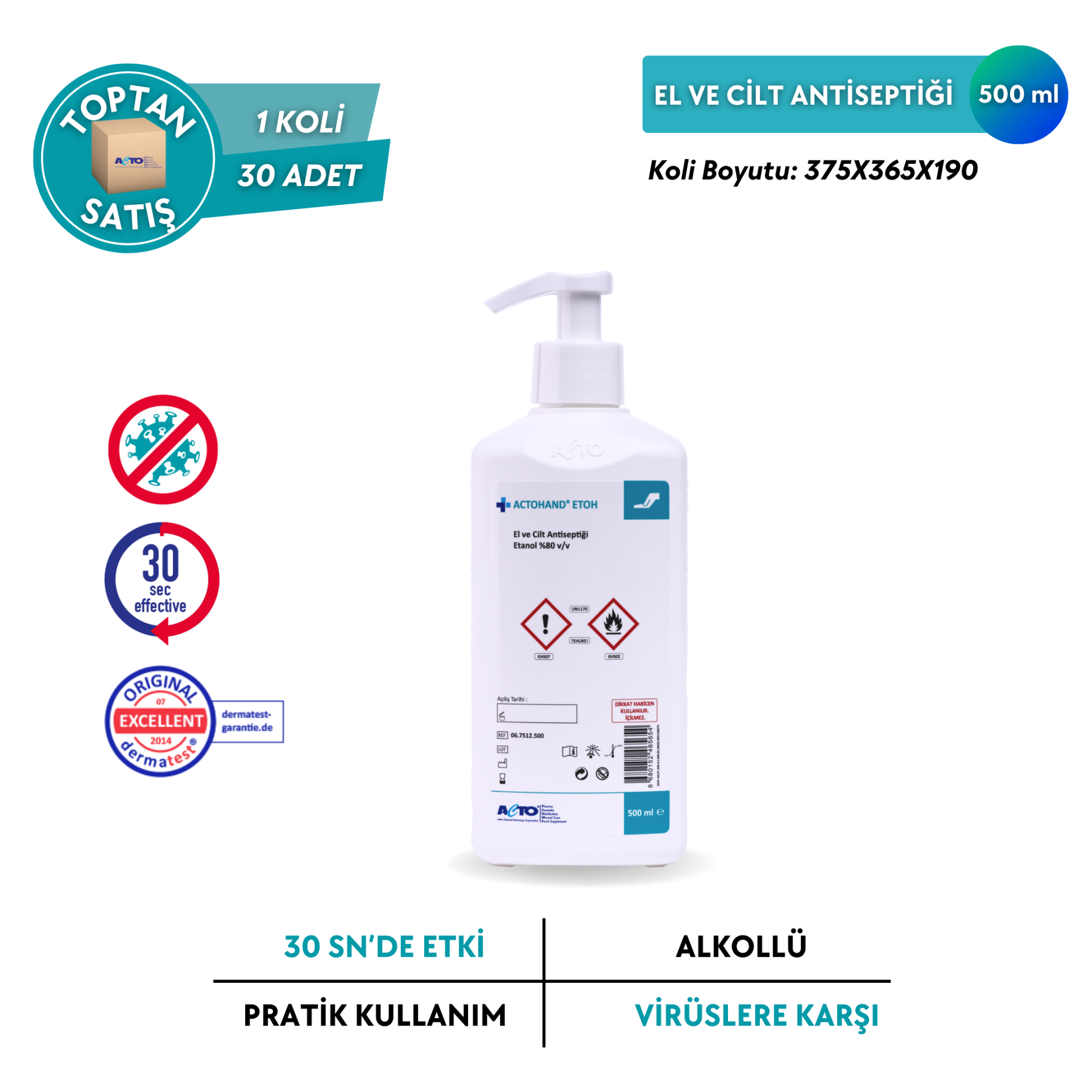 ACTOHAND® ETOH  (﻿El ve Cilt Antiseptiği - Etanol 80 % (v/v) - Toptan Satış 500 ml