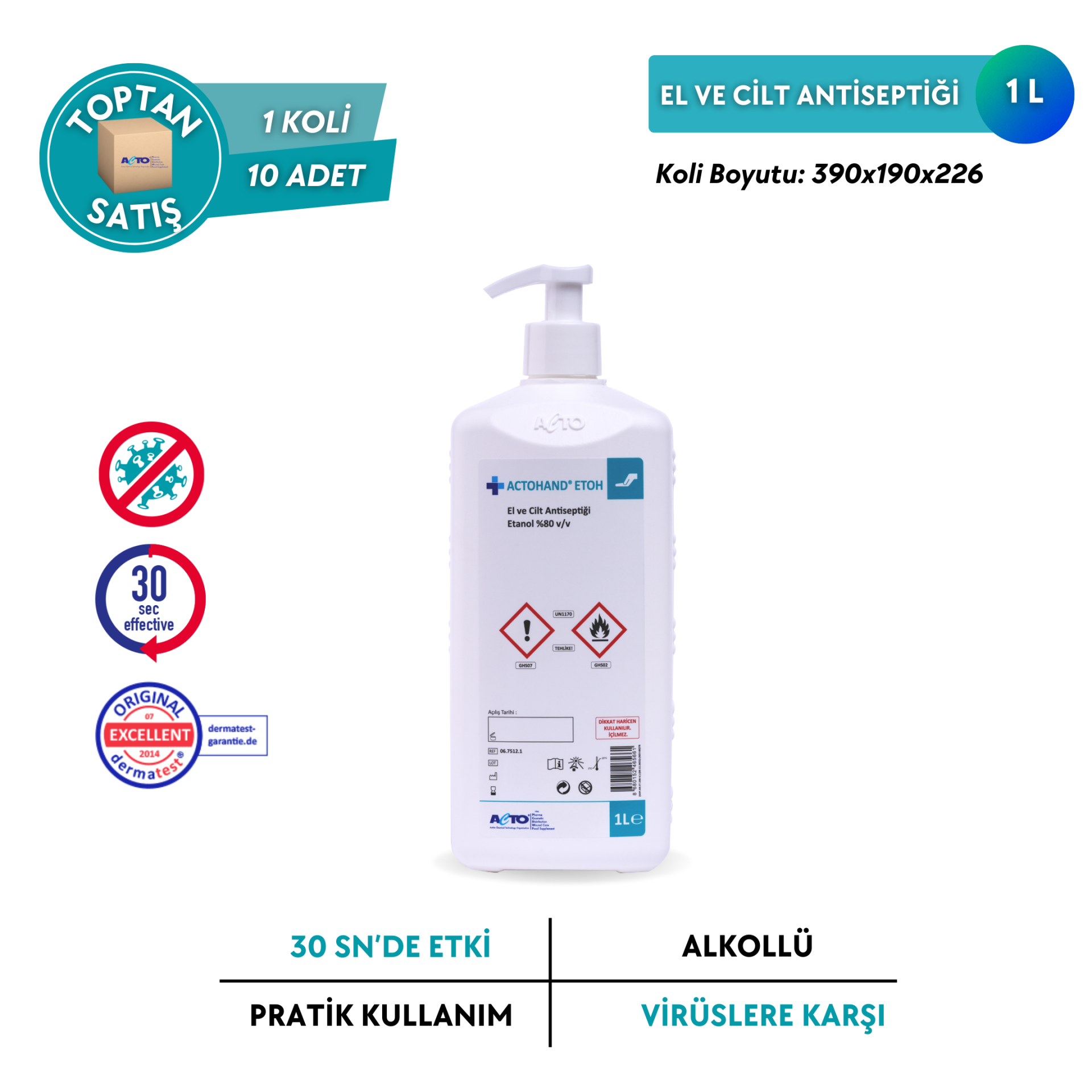 ACTOHAND® ETOH  (﻿El ve Cilt Antiseptiği - Etanol 80 % (v/v) - Toptan Satış 1 Litre