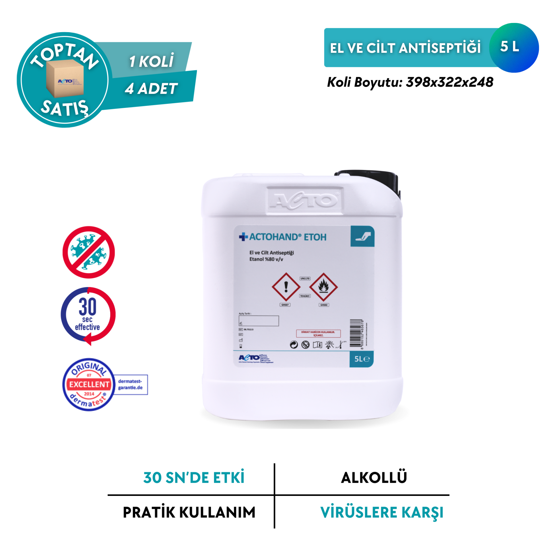 ACTOHAND® ETOH  (﻿El ve Cilt Antiseptiği - Etanol 80 % (v/v) - Toptan Satış 5 Lt