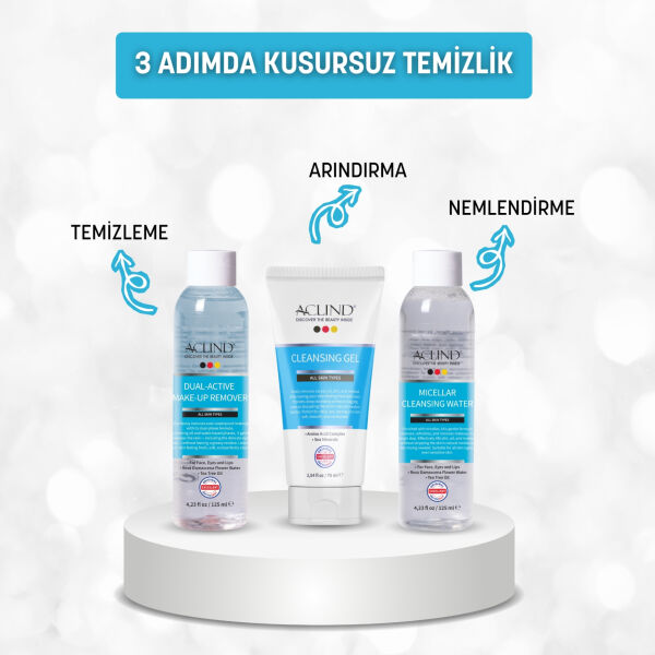 ACLIND® 3’lü Makyaj Temizleme Seti | Micellar Su, Çift Fazlı Makyaj Temizleyici ve Yüz Temizleme Jeli