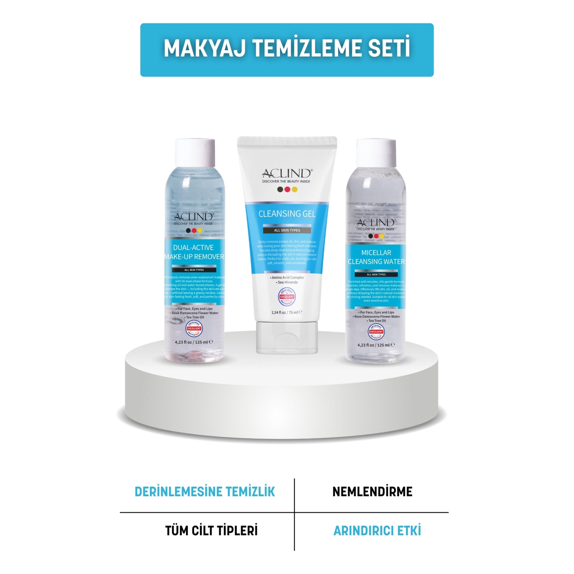 ACLIND® 3’lü Makyaj Temizleme Seti | Micellar Su, Çift Fazlı Makyaj Temizleyici ve Yüz Temizleme Jeli