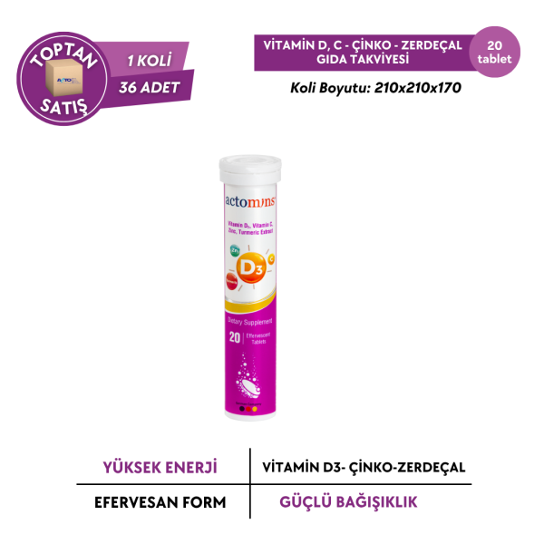ACTOMINS® Vitamin D3, Vitamin C, Çinko, Zerdeçal Ekstresi 20 Tablet - Toptan Satış