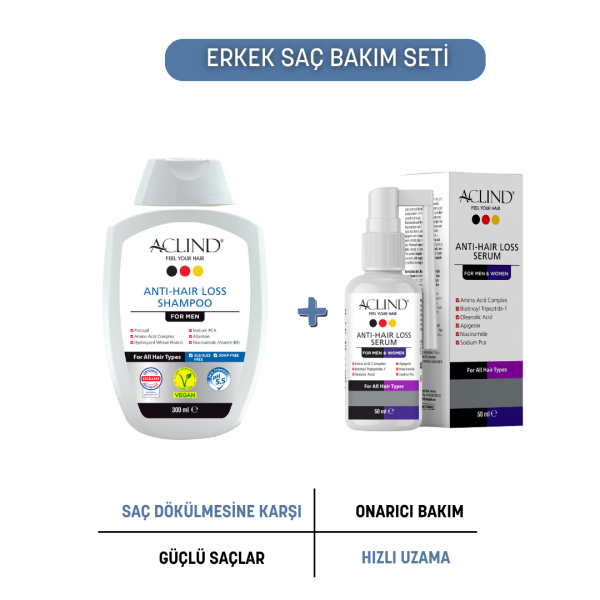 ACLIND® Erkek Saç Bakım Seti | Anti-Hair Loss Şampuan For Men 300 ml + Saç Bakım Serumu 50 ml