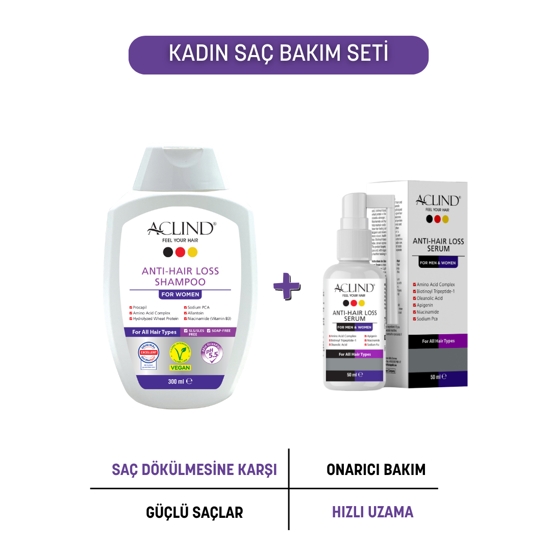 ACLIND® Kadın Saç Bakım Seti | Anti-Hair Loss Şampuan For Women 300 ml + Saç Bakım Serumu 50 ml