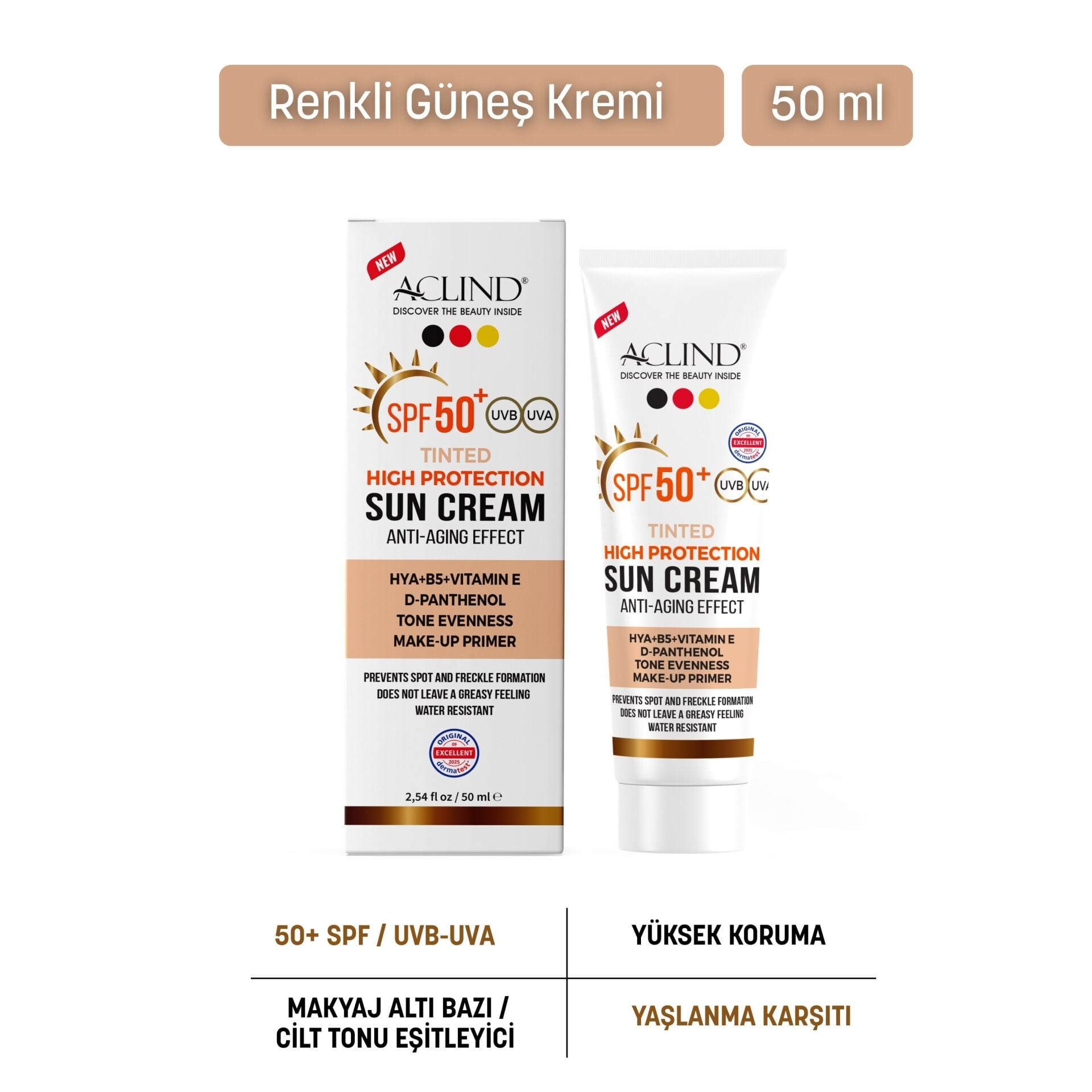Aclind SPF 50+ Cilt Tonu Eşitleyici Renkli Güneş Kremi - Yaşlanma Karşıtı Cilt Tonu Eşitleyici 50 ml
