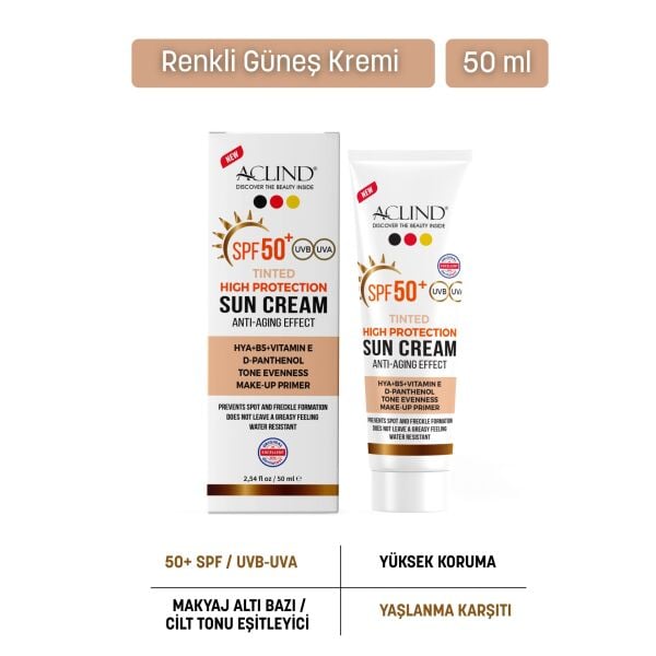 Aclind SPF 50+ Kapatıcı Etkili Renkli Yüz Güneş Kremi - Yaşlanma Karşıtı Cilt Tonu Eşitleyici 50 ml