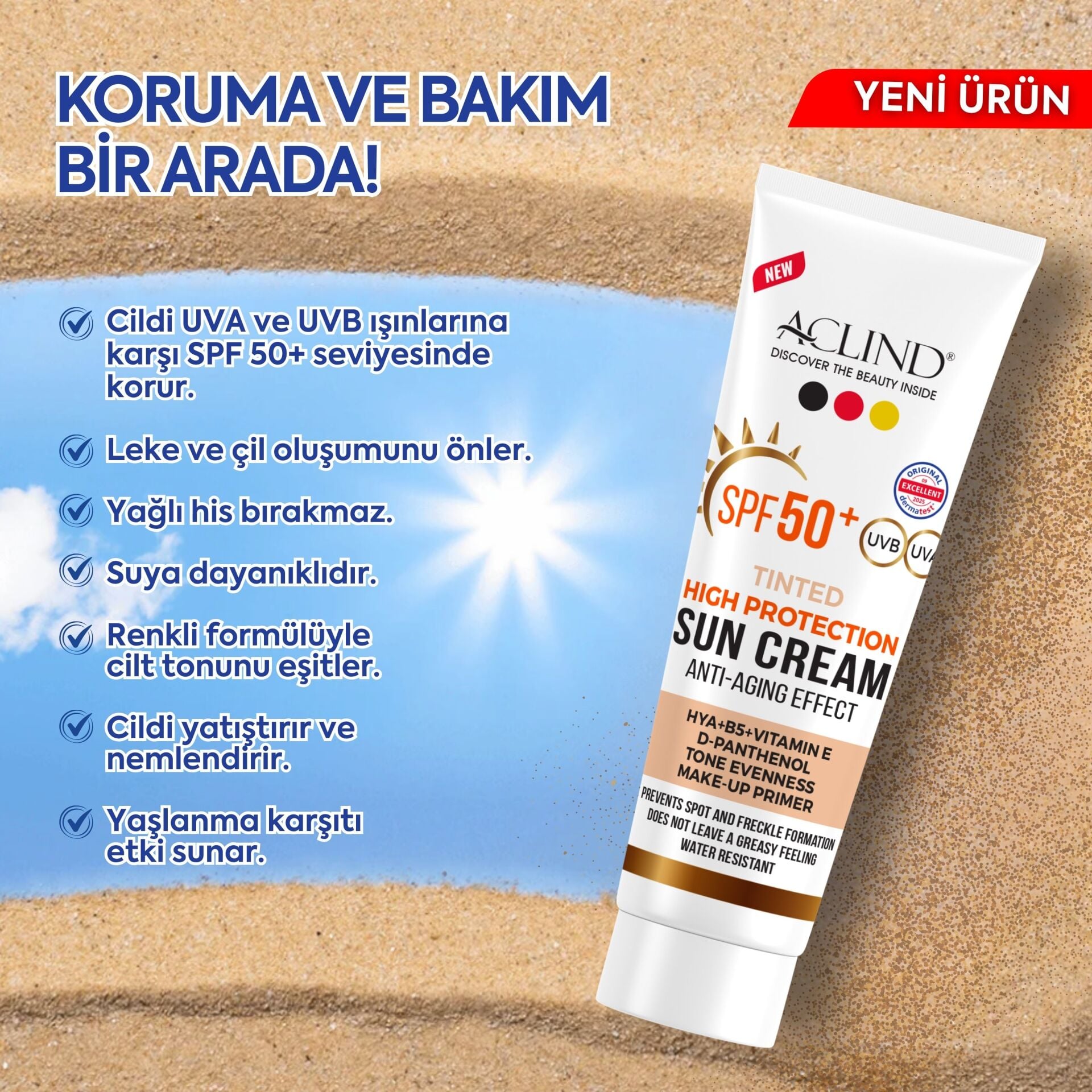 Aclind SPF 50+ Kapatıcı Etkili Renkli Yüz Güneş Kremi - Yaşlanma Karşıtı Cilt Tonu Eşitleyici 50 ml