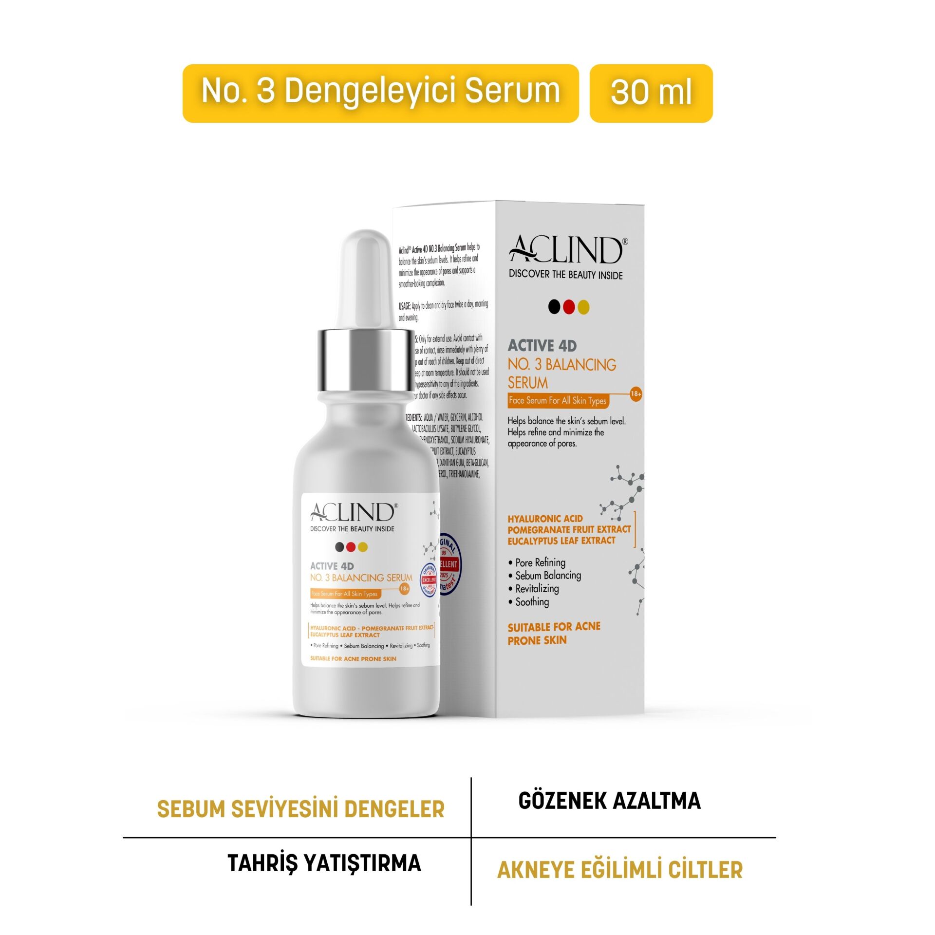 Aclind Active 4D No:3 Gözenek Sıkılaştırıcı ve Sebum Dengeleyici Serum - Akneye Eğilimli Ciltler 30 ml
