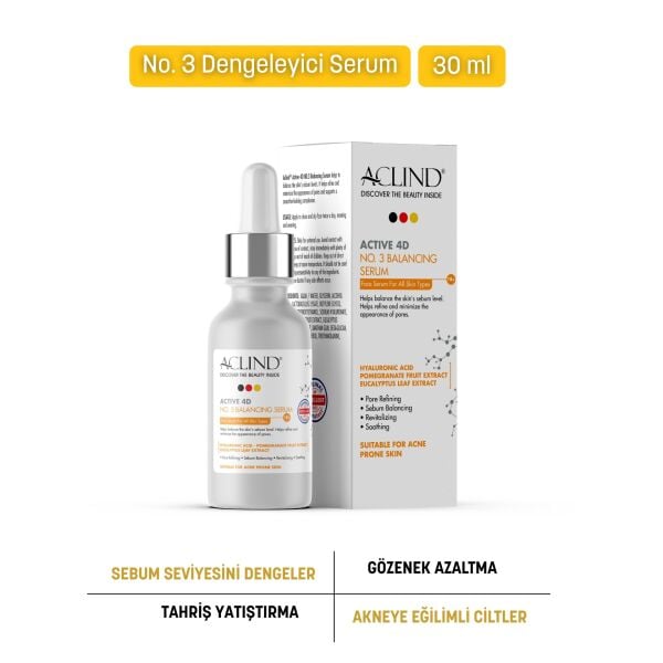 Aclind Active 4D No:3 Gözenek Sıkılaştırıcı ve Sebum Dengeleyici Serum - Akneye Eğilimli Ciltler 30 ml