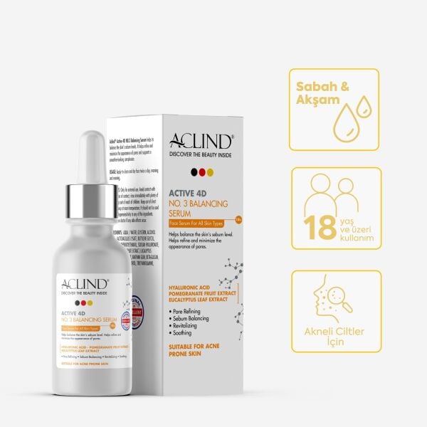 Aclind Active 4D No:3 Gözenek Sıkılaştırıcı ve Sebum Dengeleyici Serum - Akneye Eğilimli Ciltler 30 ml