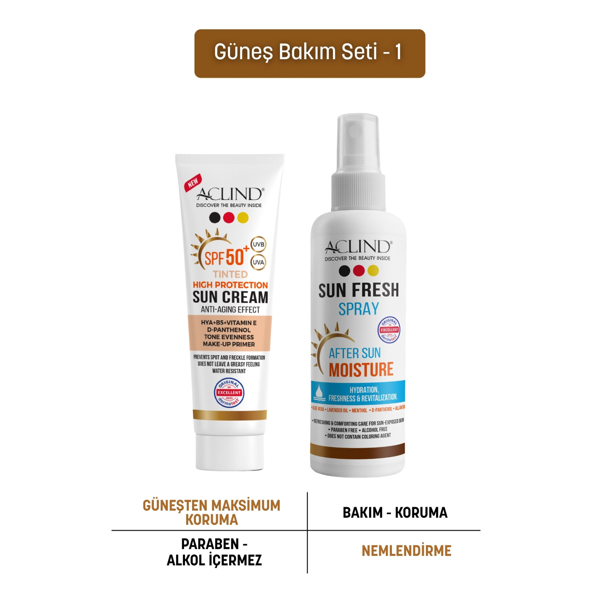 Aclind SPF 50+ Cilt Tonu Dengeleyici Güneş Kremi + Güneş Sonrası Ferahlatıcı Sprey 100 ml Seti