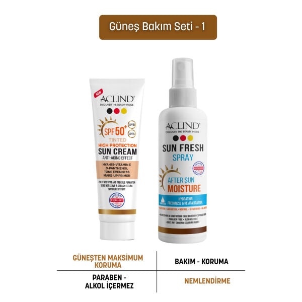 Aclind SPF 50+ Cilt Tonu Dengeleyici Güneş Kremi + Güneş Sonrası Ferahlatıcı Sprey 100 ml Seti