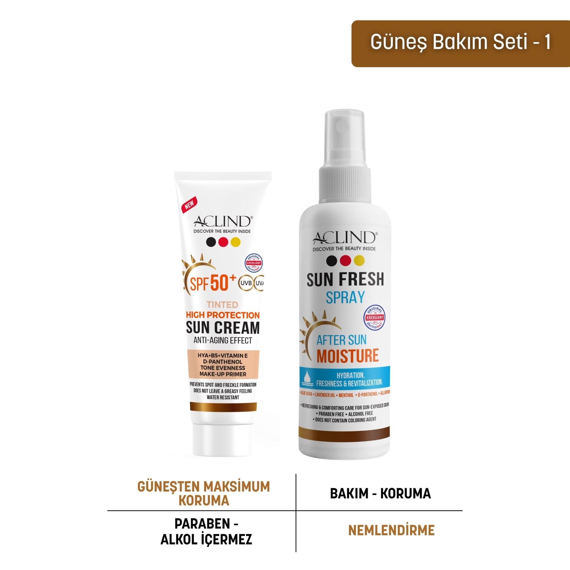 Aclind SPF 50+ Renkli Güneş Kremi 50 ml + Güneş Sonrası Ferahlatıcı Sprey 100 ml Seti