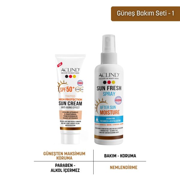 Aclind SPF 50+ Kapatıcı Etkili Renkli Yüz Güneş Kremi + Güneş Sonrası Ferahlatıcı Sprey 100 ml Seti