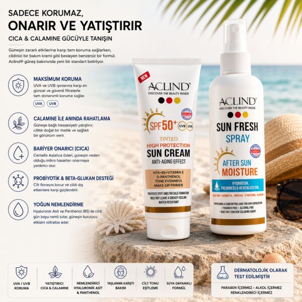 Aclind SPF 50+ Cilt Tonu Dengeleyici Güneş Kremi + Güneş Sonrası Ferahlatıcı Sprey 100 ml Seti