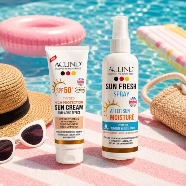 Aclind SPF 50+ Renkli Güneş Kremi 50 ml + Güneş Sonrası Ferahlatıcı Sprey 100 ml Seti