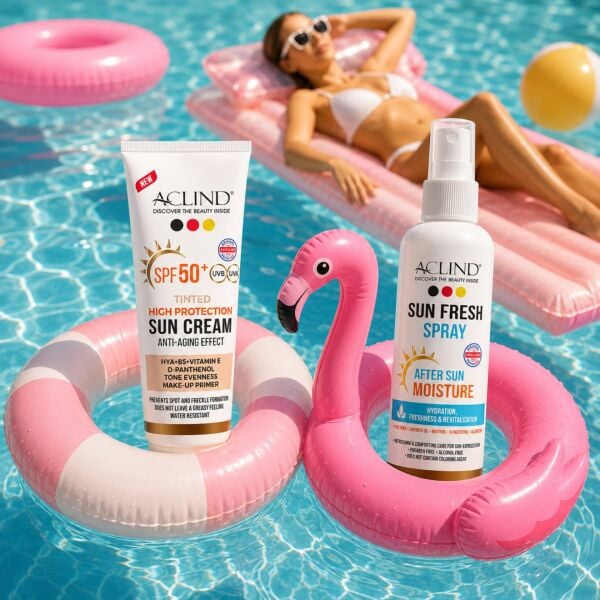 Aclind SPF 50+ Renkli Güneş Kremi 50 ml + Güneş Sonrası Ferahlatıcı Sprey 100 ml Seti