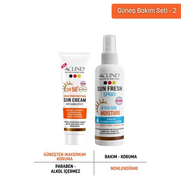 Aclind Leke Karşıtı SPF 50+ Güneş Kremi 50 ml + Sun Fresh Güneş Sonrası Ferahlatıcı Sprey 100 ml Seti