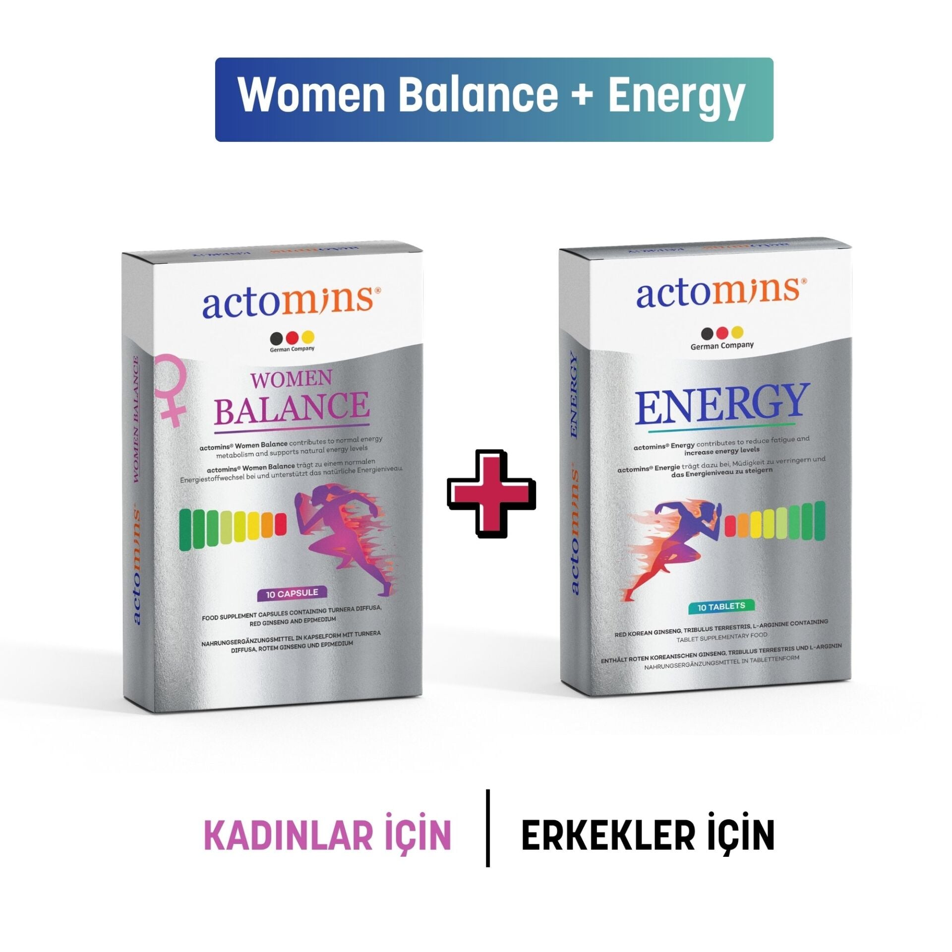 Actomins® Women Balance + Energy Set – Kırmızı Ginseng, Epimedium, Turnera diffusa, Tribulus ve L-Arjinin İçeren Takviye Edici Gıda Seti